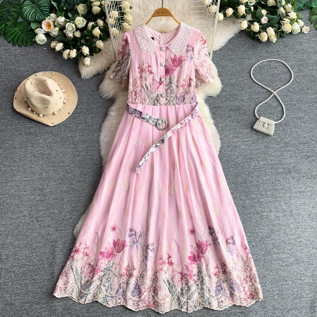 Embroidery Formal Luxury Evening Midi Dress Women Summer Beaded Peter Pan Collar Crochet Flower Hollow Out Short Sleeve Midi Dresses