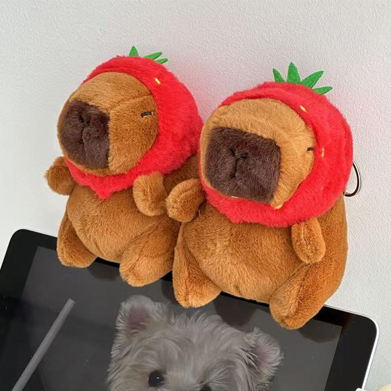 Kapibala Plush Keychain Strawberry Hat Cute Hanging Bag Packaging Decoration Girl Small Gift Cute Pendant