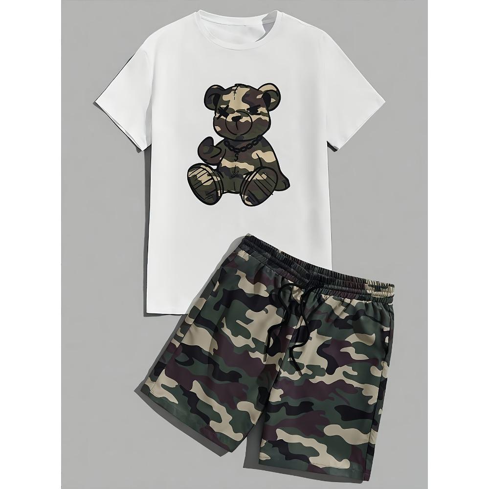 2026 Zomer Casual Korte Mouw Modieus Ademend Sport Set Losse Pasvorm Sneldrogend Heren Korte Mouw Hip-Hop Beer Print Set
