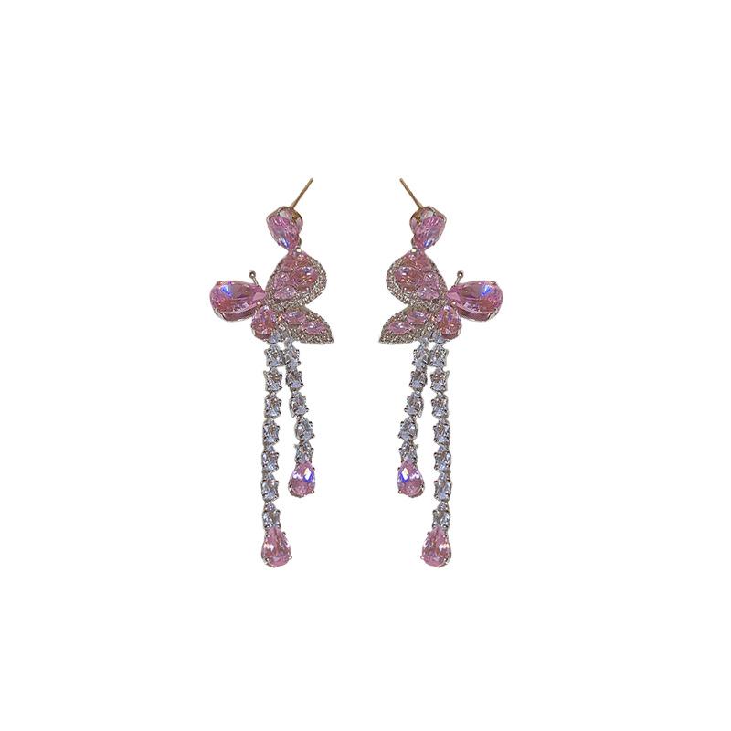 Elegant Zircon Butterfly Teardrop Tassel Silver Earrings - Light Luxury Style for Women