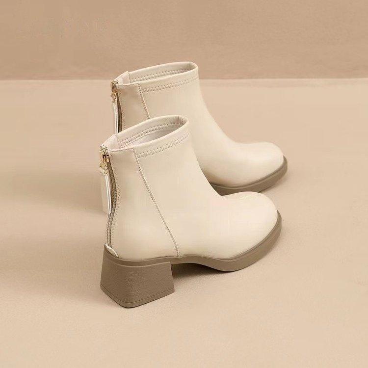 Medium Heel Velvet Small Short Boots Women's Shoes 2025 Autumn and Winter New Single Boots French White Thin Boots Thick Heel Martin Boots