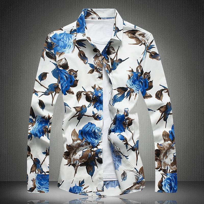 Men 's Fashion Autumn Large Size Cotton Satin Flower Shirt Casual Sharpen Lapel Long-Sleeved Shirts