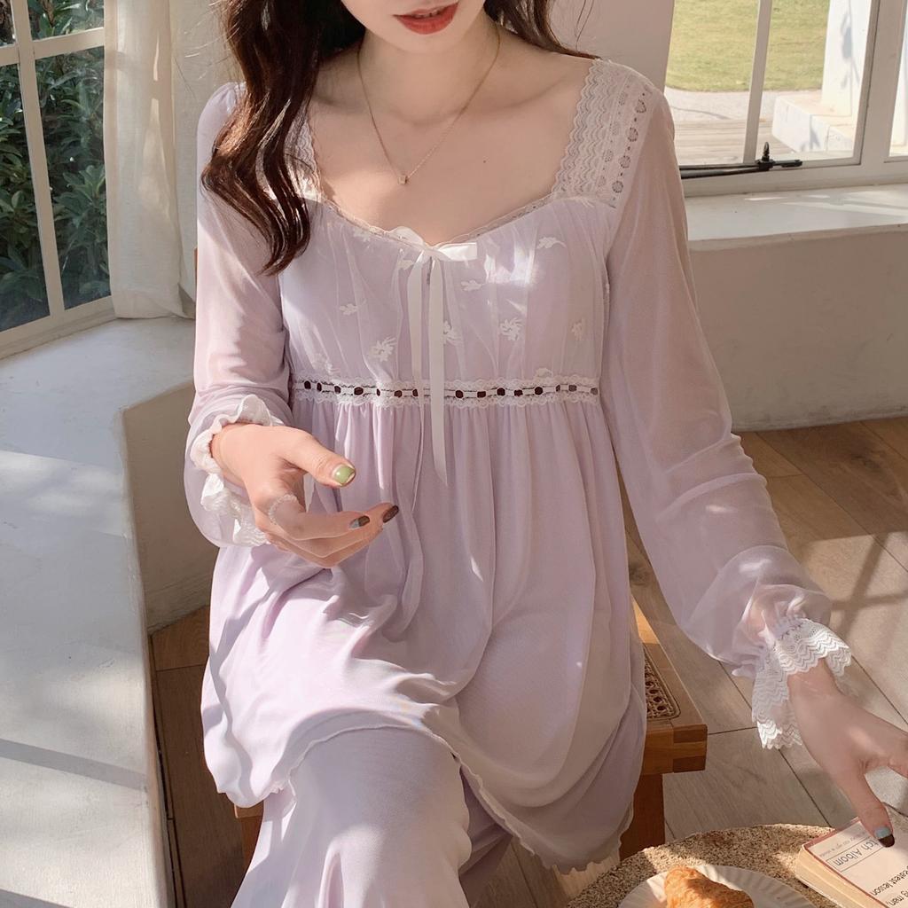 V-neck Summer Pajamas for Women Pajama Women Spring and Autumn Long Sleeve Modal Lace Mesh Sweet Princess Style Home Dress Set