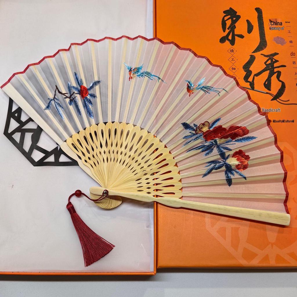 Old Changmen Suzhou Double-Sided Embroidery Folding Fan: Ancient Cheongsam Style for Women
