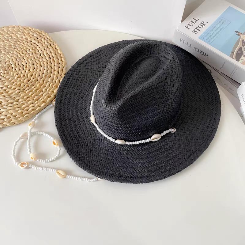

Summer Panama Hats For Women Sun Hat With Long Shell Conch Chain Straw White Black Jazz Caps Men Vintage Fedora Designer Hats 54-58cm чорний
