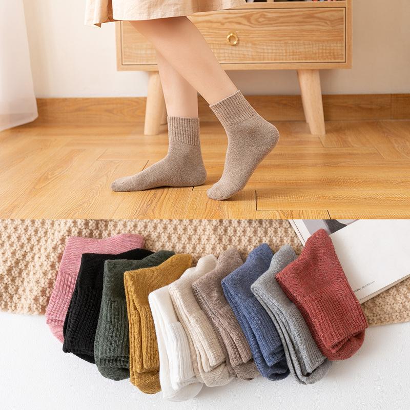 1 Pair Women Socks Autumn Winter Pure Cotton Solid-color Mid-tube Warm Long Socks