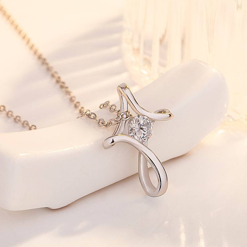 Geometric Silver Cross Pendant Necklace With Zirconia For Romantic Couples