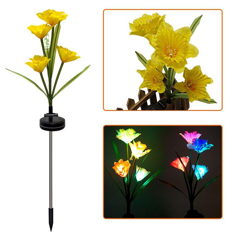 4 Heads Solar Flower Light White/Purple/Yellow Daffodil LED Light Garden Decorative Lawn Lamp RGB Changeable Landscape Lights