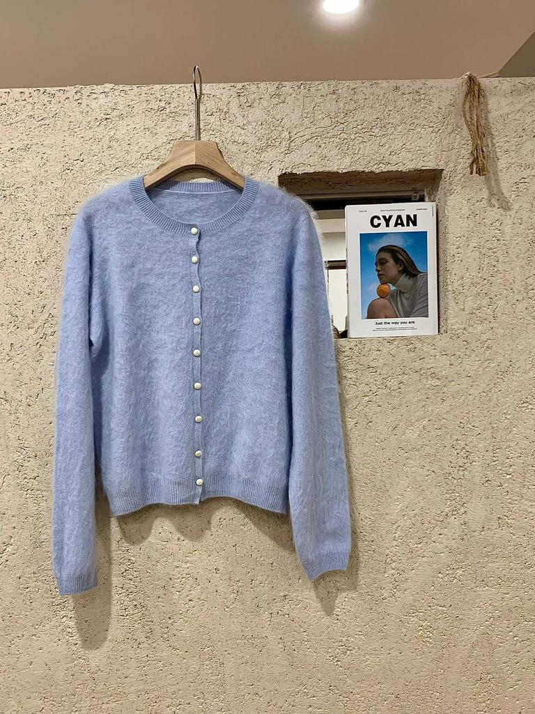 Women's Round Neck Pearl Button Wool Cashmere Knit Cardigan JM8305