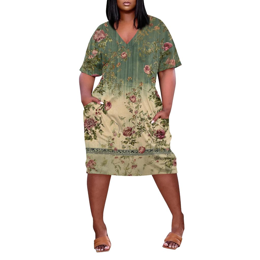 Summer Plus Size V Neck Short Sleeve Knee Pocket Print Casual Dress For Women