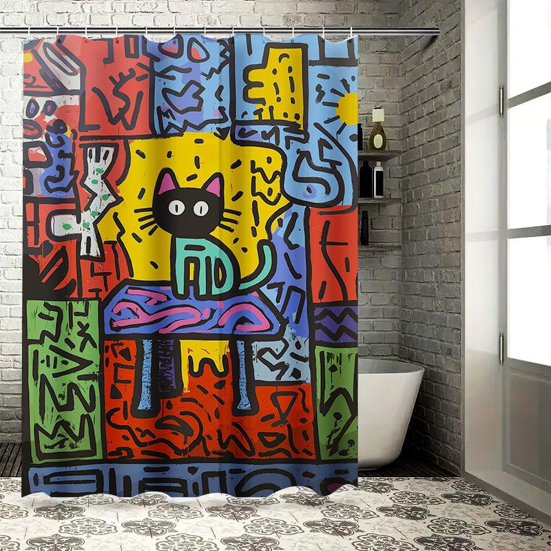 Brightly Colored Graffiti Shower Curtain Featuring Abstract Cat Design Modern Bathroom Decor For Home Bath Remodels