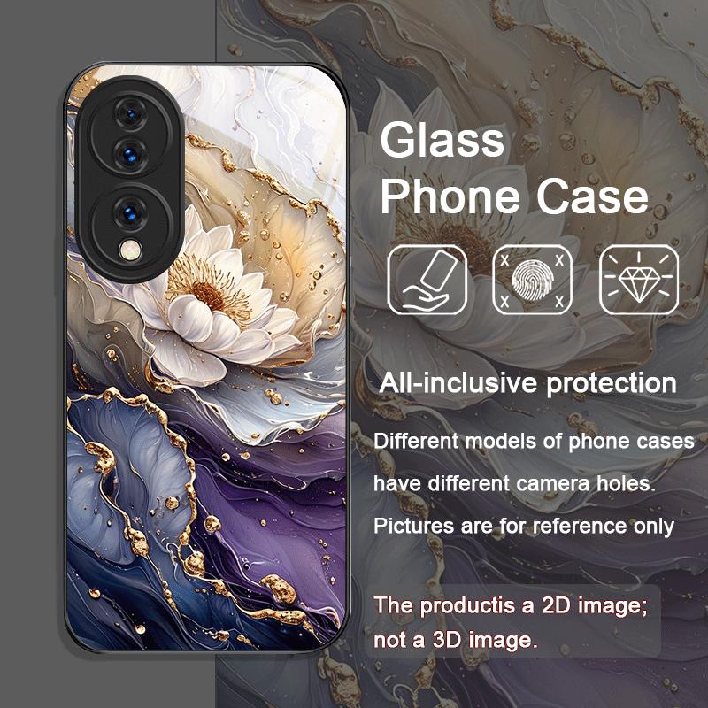 Luxury Lotus Marble Floral Pattern Tempered Glass Phone Case for Huawei Nova 13 12 11 10 SE Mate 70 60 50 ProPlus P60 P40 Cover