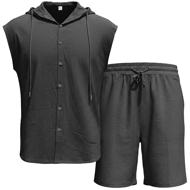 Men Shirt Shorts Two-piece Suit Hooded Sleeveless Shirt Adjustable Elastic Shorts Set Hiking Workout Summer Casual Outfit