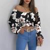 Spring and autumn new European and American women's clothing popular printing long-sleeved off-the-shoulder one-word collar lantern sleeve top