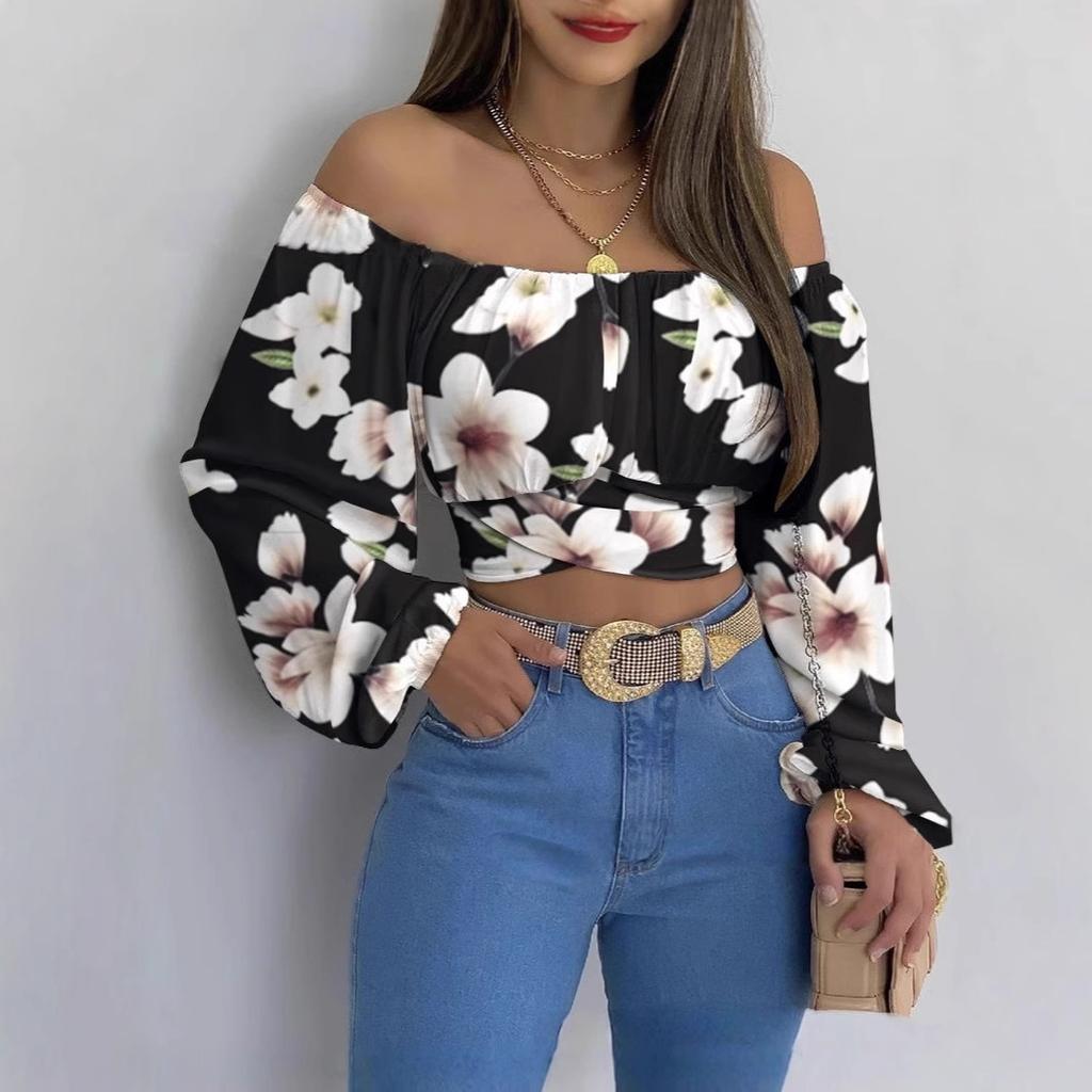 Spring and autumn new European and American women's clothing popular printing long-sleeved off-the-shoulder one-word collar lantern sleeve top