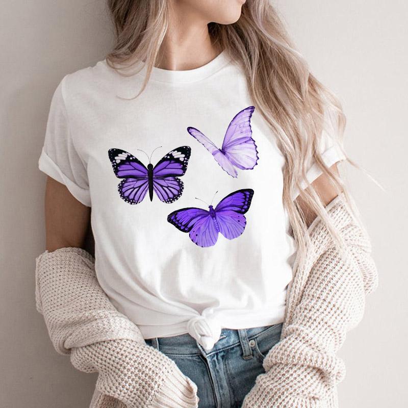 Women Tshirt Cartoon Purple Flower Floral 2025 Summer Spring T Shirt Female Clothes Graphic 90S Aesthetic Kawaii Tee Tops Lady