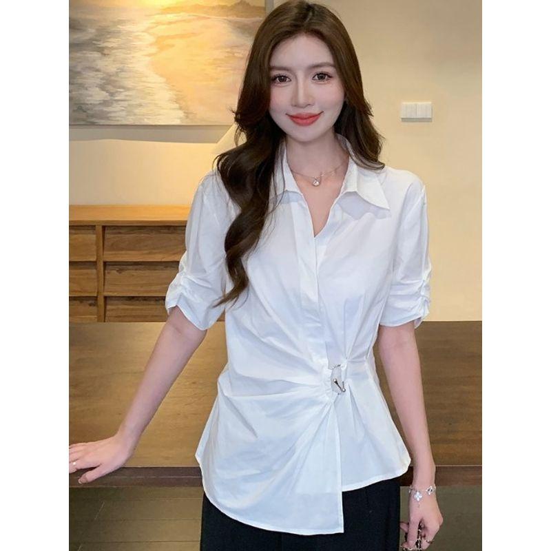 South Korea Dongdaemun Summer New Arrival Work Clothing Business Ol White with Lapel Asymmetrical Short Sleeve Shirt Top Easiest for Match Women