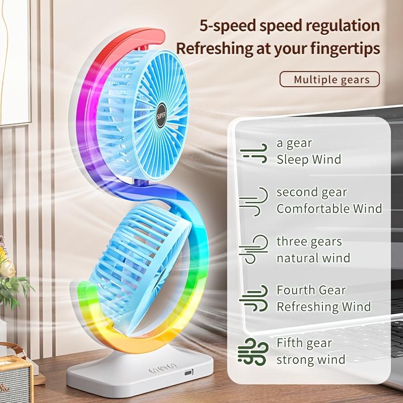 USB Charging Desktop Circulating Lighting Fan Dual Head Desk Fan RGB LED Light Cooling Fan LED Light Cooling Fan небесно-голубой
