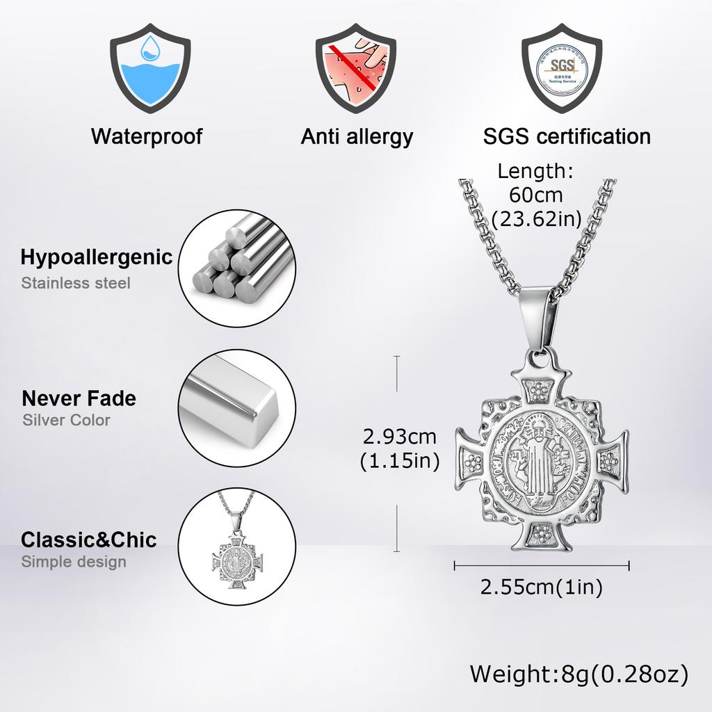 Saint Benedict Medal Pendant Necklace for Men,Waterproof Stainless Steel Saint Benedict Pendant,Faith Prayer Jewelry