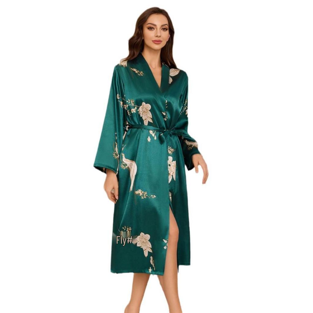 Pyjama pour femme en soie glacée - Peignoir de luxe avec ceinture, imprimé fin respirant, manches longues pour le printemps/l'été.