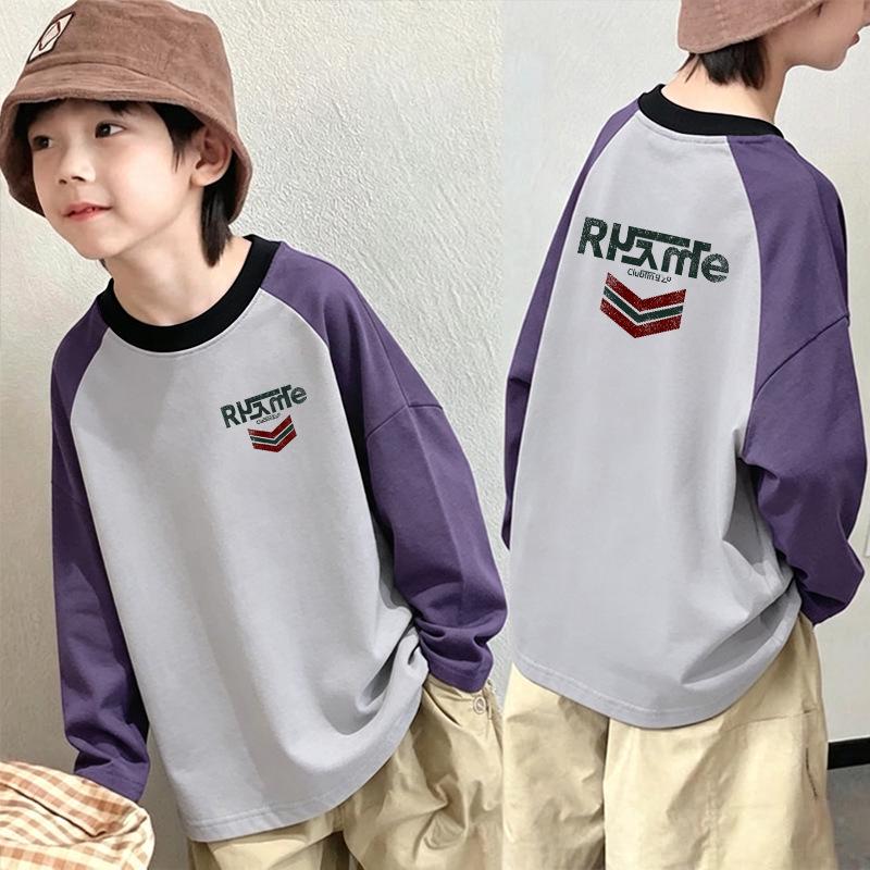 Boys' Color Block Crew Neck Long Sleeve T-shirt - Pure Cotton Base Layer Top for Spring & Autumn 2026