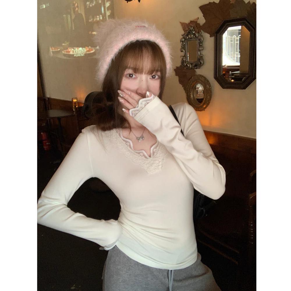 Women's 300g Cotton Fleece V-Neck Lace Long Sleeve Winter Base Layer Top