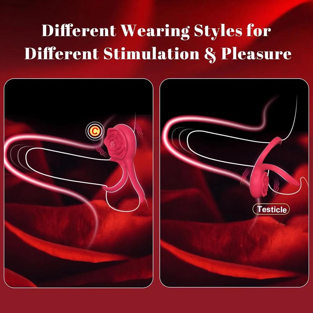Penis Ring Vibrator with Vibrating Rose Clitoral Stimulator, 7 Vibration Modes, Adult Sex Toys for Men and Women
