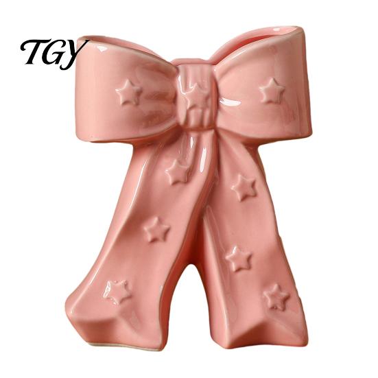 Flower Arrangement Pot Ceramic Bow Vase with Star, Decorative Flowers Vase, Creative Chic Room Decor Gifts Holder for Living Table Centerpiece