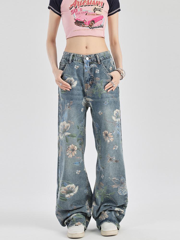 Women's High Waist Floral Print Denim Jeans - Summer 2024 Collection, Straight Wide Leg Slimming Fit.