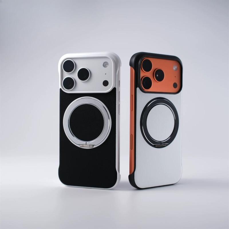 model of frameless leather grain ring holder Magnetic Case For iPhone17 Pro Max 16 15 14 Magsafe Thin Heat Hissipation Cover