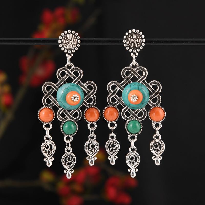 Mongolian minority stud earrings retro women's long tassel Tibetan silver earrings Tibetan exotic Chinese earrings
