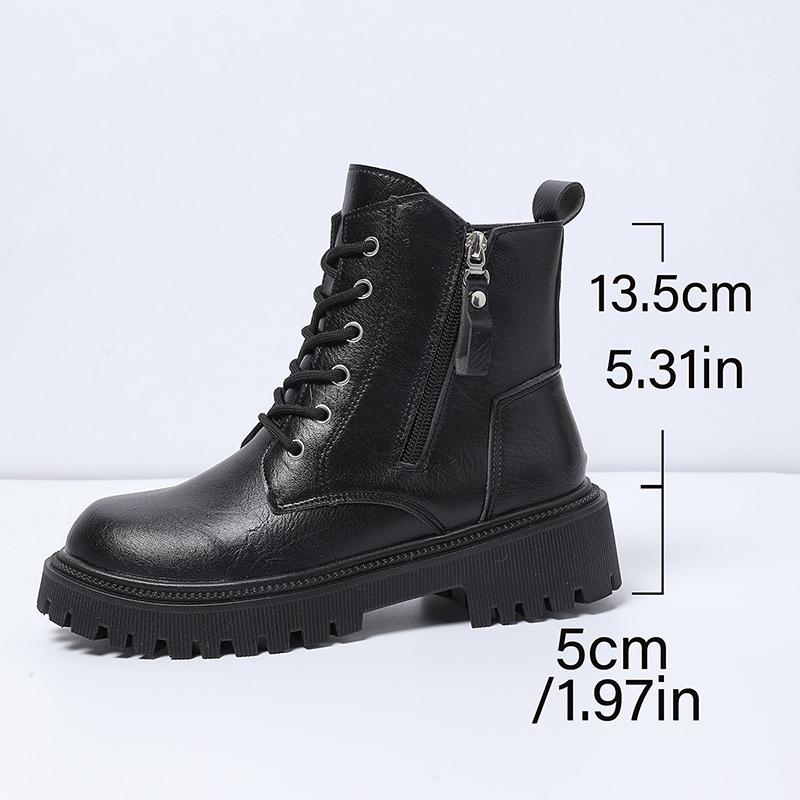 White Black PU Leather Ankle Boots Women Autumn Winter Round Toe Lace Up Shoes Woman Fashion Motorcycle Platform Botas Mujer
