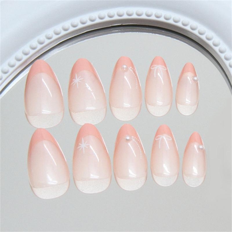 Short Almond Christmas False Nail with Bowknot Designs French Tips Press On Nail Artificial Nail for Women 24 Pcs