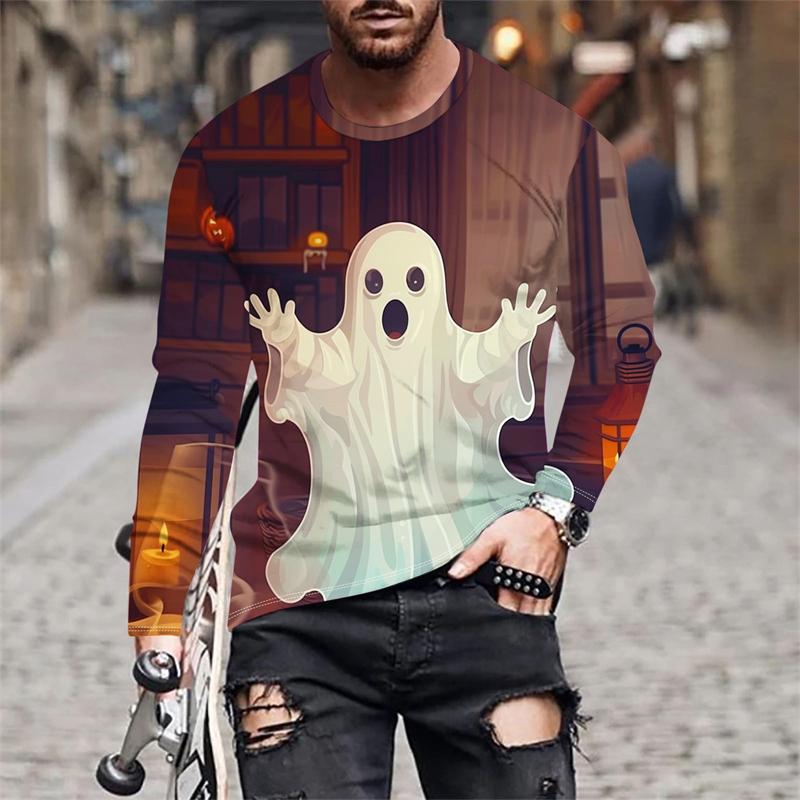 Autumn Round Neck Halloween Ghost and Pumpkin Pattern 3D Printed Top Fashionable Casual Long Sleeved Men's T-shirts