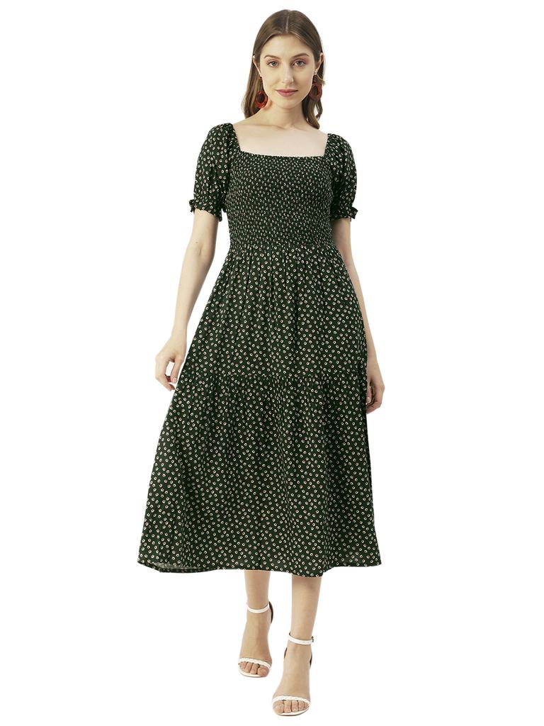 Moomaya Printed Viscose Rayon Summer Dress, Square Neck Smocked Long Dress