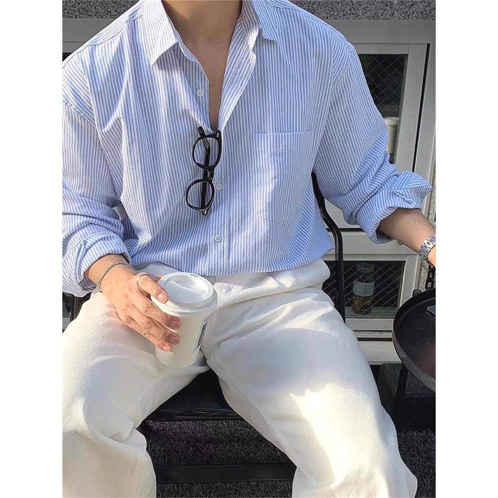Men s Fashion Striped Shirt Loose Casual Long-sleeved Cardigan Suit Base Shirt L синий