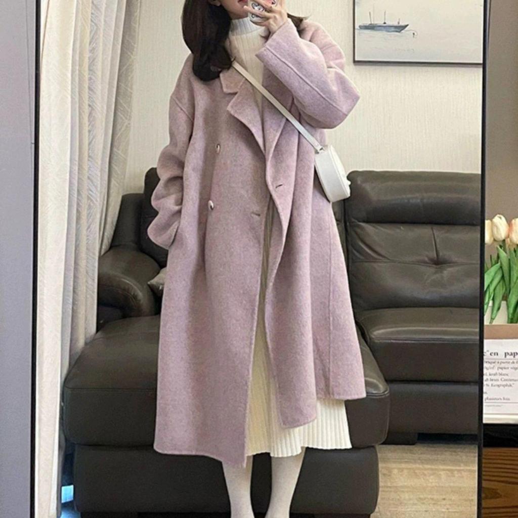 Women's Korean Style Double-Sided Wool Coat - Fashionable, Loose, Slimming, Versatile, Mid-Length, Lazy Style