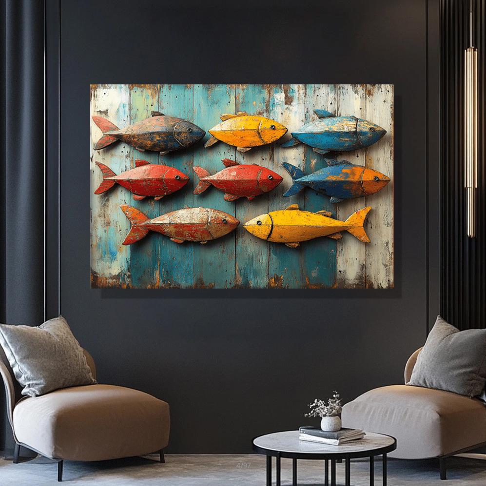 Rustic Wooden Frame Oil Painting of Colorful Fish for Home Decor