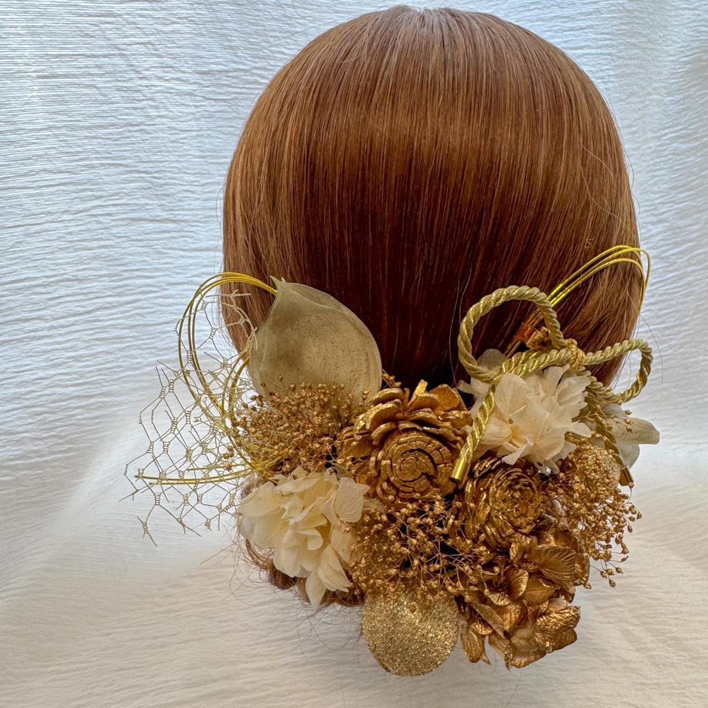 Gold Dried Flower Hair Coming of Age Japanese Gold Ball Gold Graduation Wedding Wedding Hakama Hani. Ornament, Ceremony, Wear, Mizuhiki, Leaf,