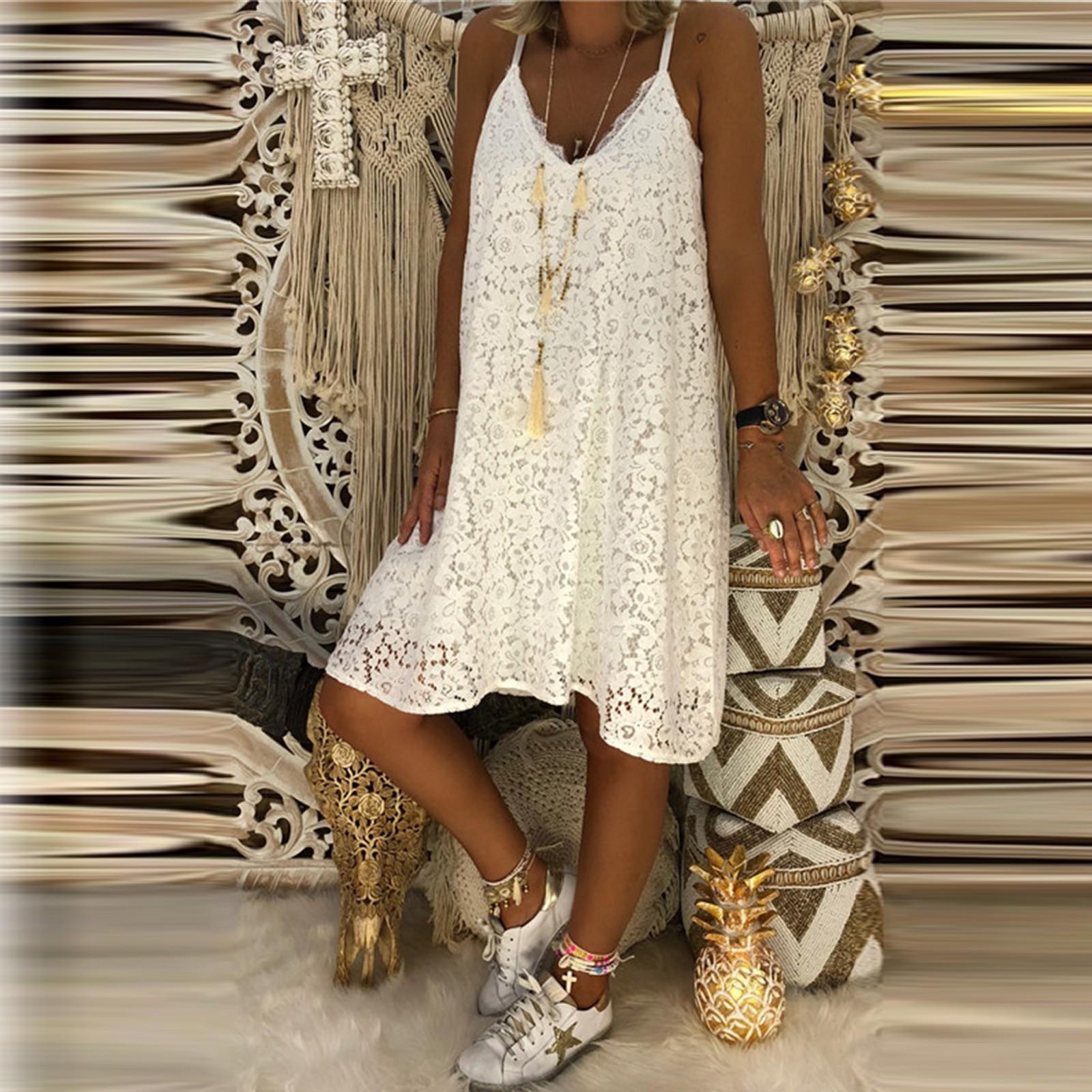 

Женское летнее сплошное кружевное свободное платье без рукавов с v-образным вырезом XXXXXL белый