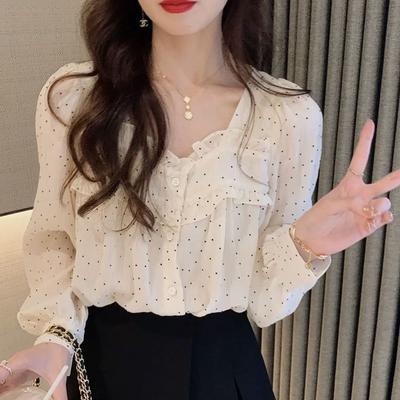 Small Fresh French Polka Dot Mushroom Edge Shirt for Women with A Unique Spring Design Long Sleeved Chiffon Top