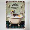Vintage Bengal Cat In Bathtub Tin Sign, Whimsical Cartoon Wall Decor with Rubber Ducks & Candle Sconces, Metal Poster for Home B