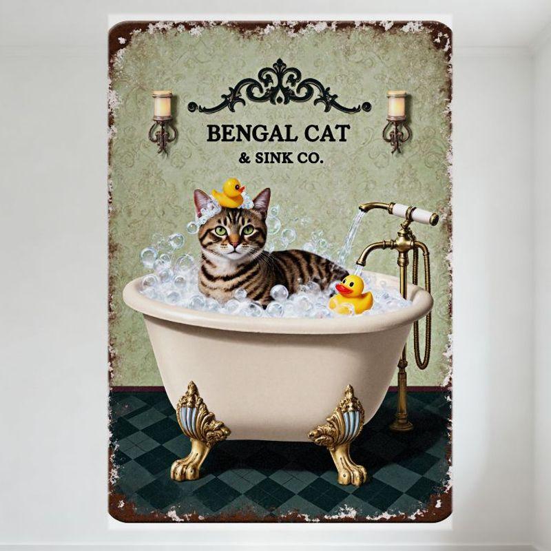 Винтажная жестяная табличка с изображением бенгальского кота в ванне, забавный мультяшный декор для стен с резиновыми уточками и подсвечниками, металлический постер для дома. 20x30cm（7.8x11.8inch）
