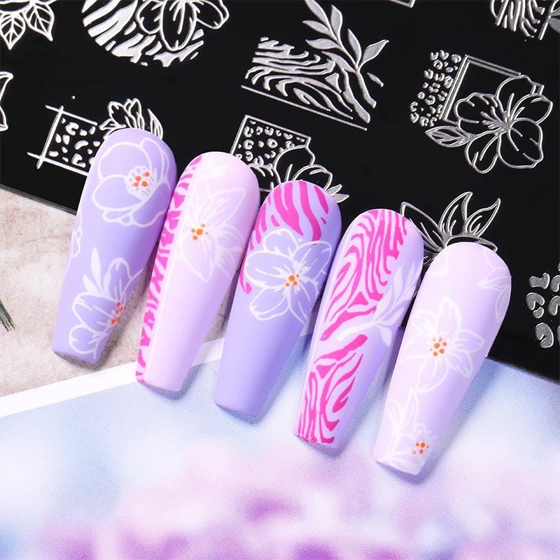 NICOLE DIARY Leopard Flower Nail Stamping Plate Image Transfer Template Geometry Leaf Stainless Steel Stencil Nail Printing Tool