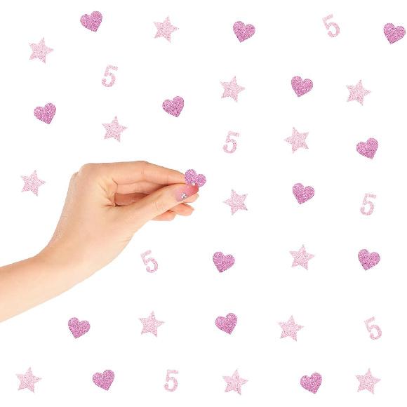 200PCS Number 6 Confetti, Pink Glitter 6th Birthday Paper Confetti, Twinkle Star/Sweet Heart Cut Out for Girls, 6th Anniversary Party Decoration