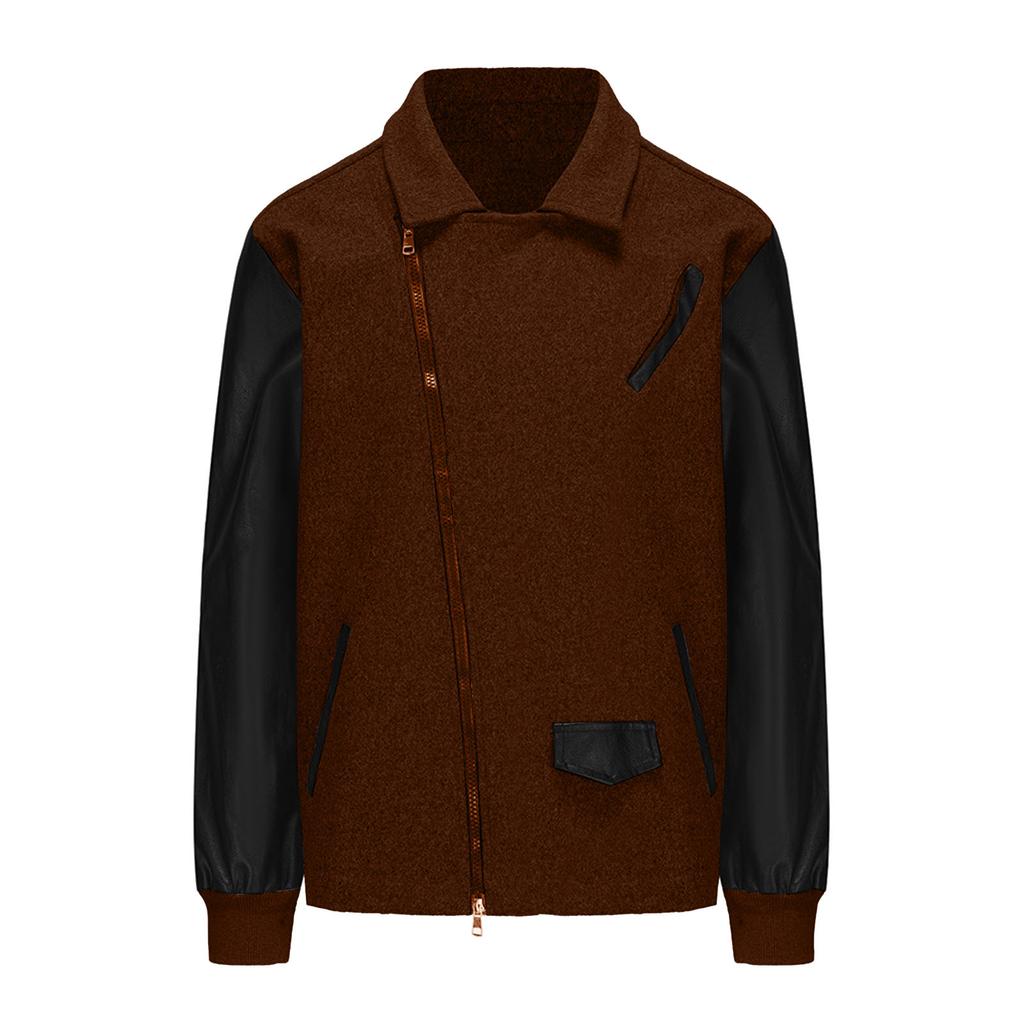 Men's Patchwork Woolen Jacket Lapel Colorblock Coat Casual Slim Fit Zipper Long Sleeve Jacket