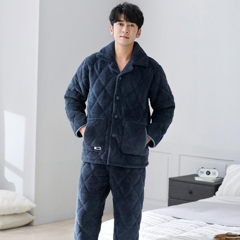 Herbst und Winter Herren Schlafanzug Dreilagig Gepolstert Korallenfleece Winter Verdickt Fleece Warm Flanell Hausanzug Set