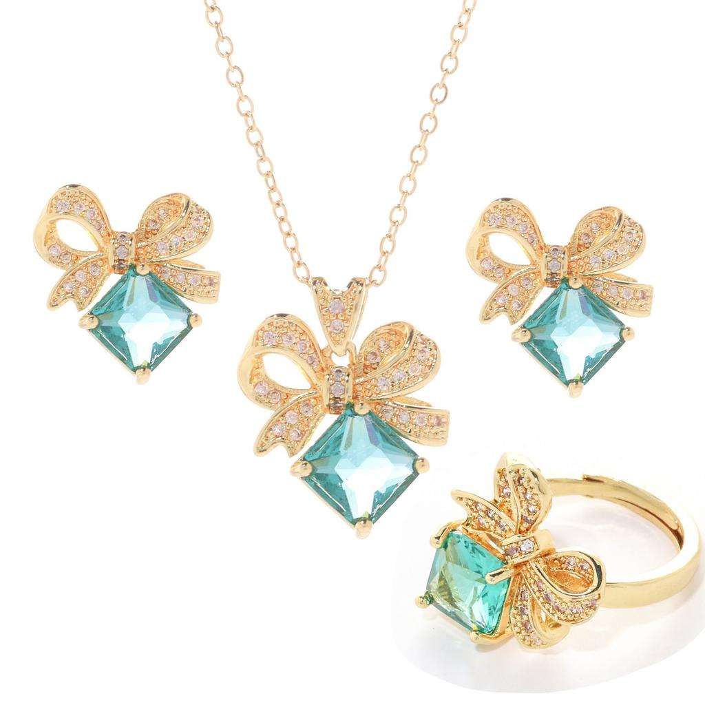 Full Diamond Bow Necklace Women'S Light Luxury Simple Inlaid Sapphire Necklace Ring Earrings