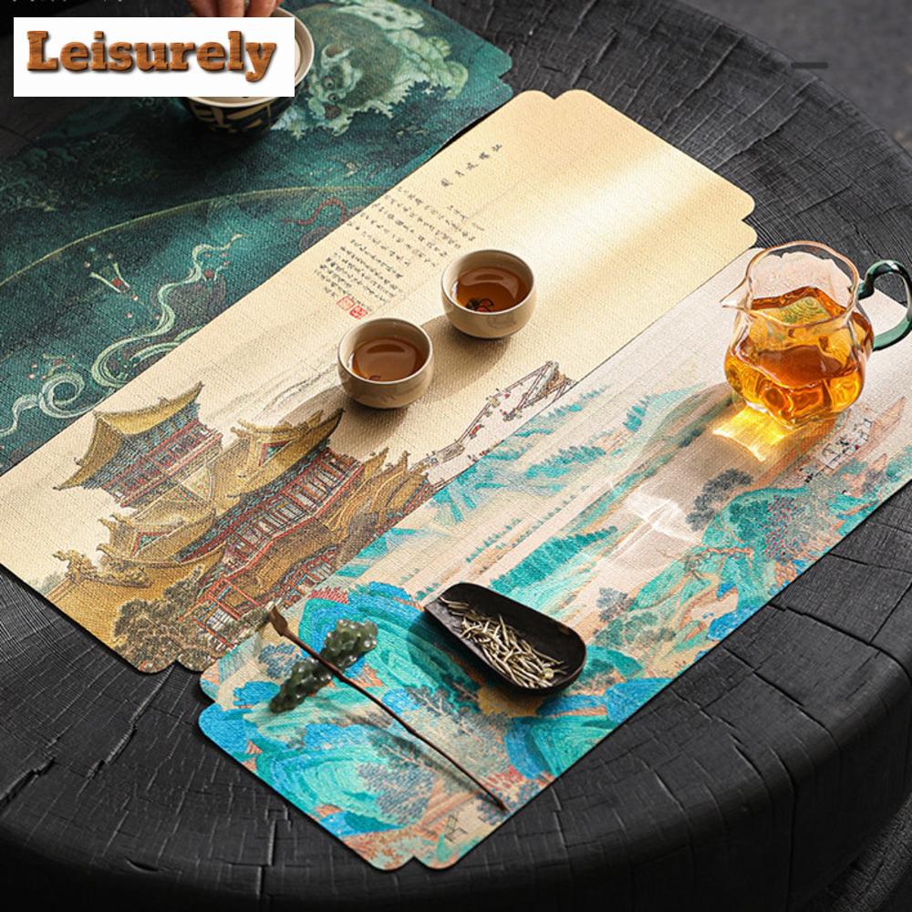 Zen Ancient Painting Heat-insulating Tea Table Mats Waterproof Drink Coaster Dinner Table Cloth Placemat Tea Ceremony Decoration