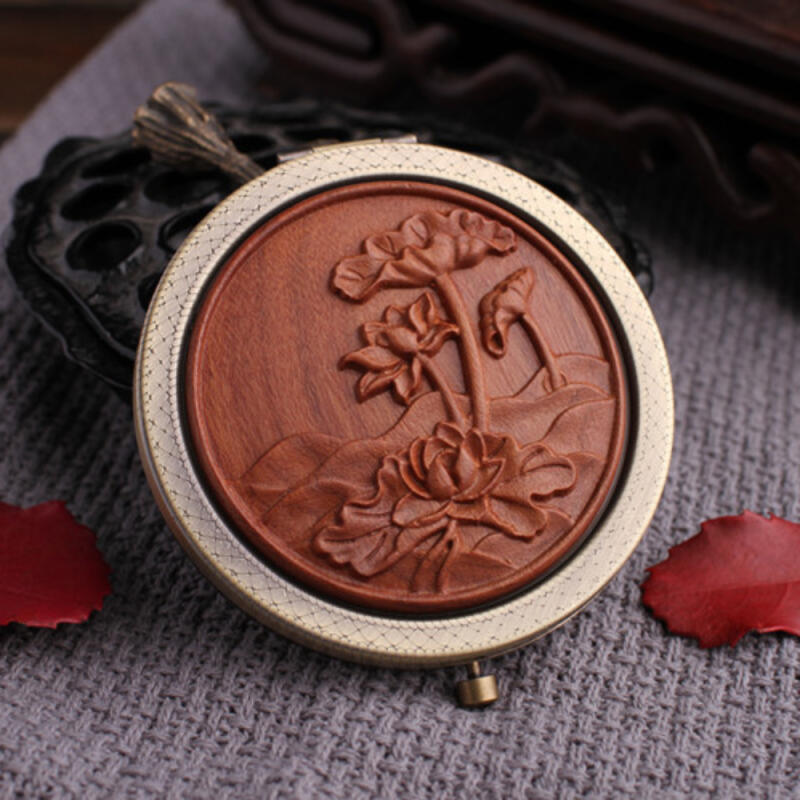 Circular lotus sandalwood traditional hand mirror mother-of-pearl mini portable